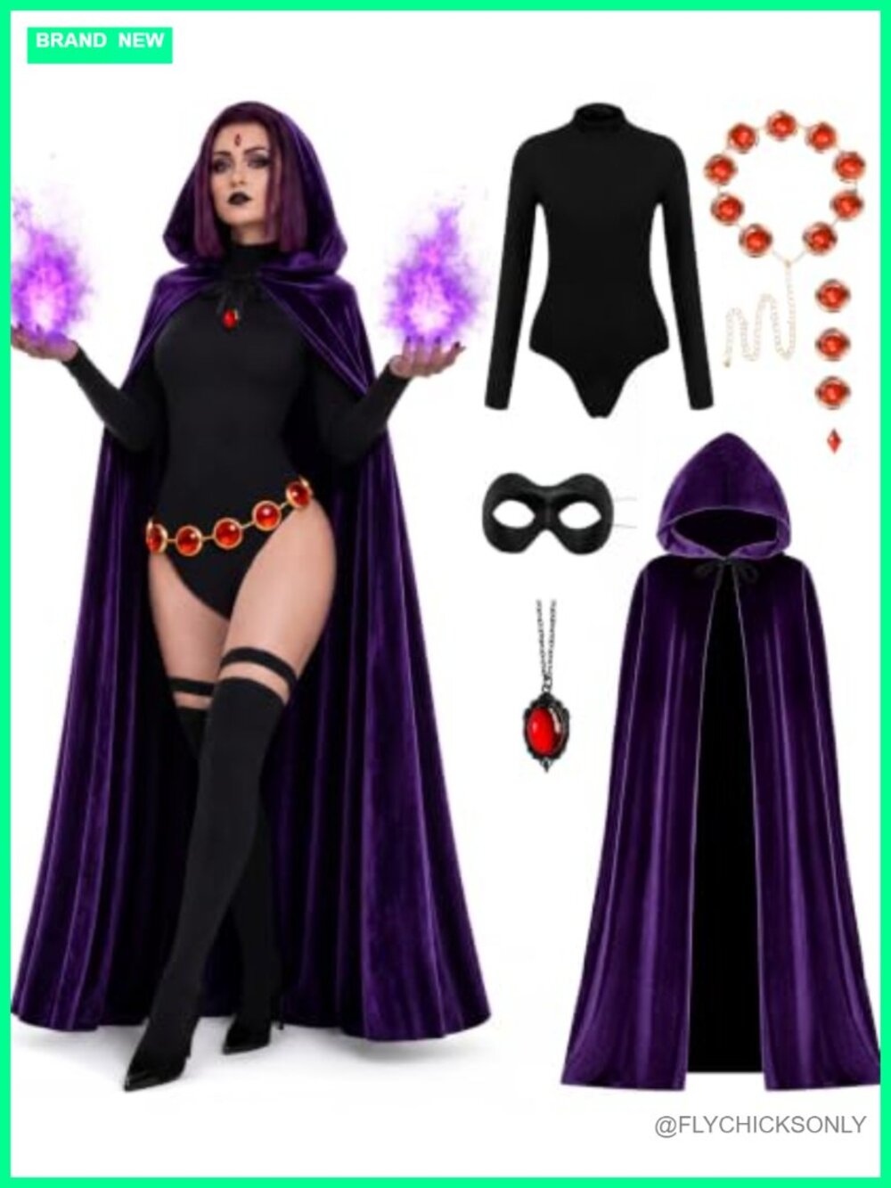Raven Costume Women 6PC Halloween Set Hooded Cloak Bodysuit Belt Cosplay